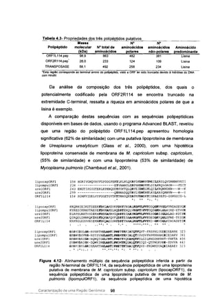 Tabela 4.3- Propriedades dos três polipéptidos putativos
Massa N° N°
Polipéptido molecular N° total de aminoácidos aminoácidos Aminoácido
(kDa) aminoácidos polares não-polares predominante
ORF1L114.pep 98,9 863 482 381 Usina
ORF2R114.pep 26,0 233 124 109 Lisina
TRANSPOSASE 58,1 492 258 234 Usina
"Esta região corresponde ao tenninal amino do polipéptido, visto a ORF ter sido truncada devido à hidrólise do DNA
com HindUI
Da análise da composição dos três polipéptidos, dos quais o
potencialmente codificado pela ORF2R114 se encontra truncado na
extremidade C-terminal, ressalta a riqueza em aminoácidos polares de que a
lisina é exemplo.
A comparação destas sequências com as sequências polipeptídicas
disponíveis em bases de dados, usando o programa Advanced BLAST, revelou
que uma região do polipéptido ORF1 L114.pep apresentou homologia
significativa (62% de similaridade) com uma putativa Iipoproteína de membrana
de Ureap/asma urea/yficum (Glass et ai., 2000), com uma hipotética
lipoproteína conservada de membrana de M. caprico/um subsp. caprico/um ,
(55% de similaridade) e com uma lipoproteína (53% de similaridade) de
Mycop/asma pu/monis (Chambaud et ai., 2001).
lipocapORFl
lipompulORFl
urelORFl
ure20RFl
ORFlLl14
lipocapORFl
lipompulORFl
urelORFl
ure20RFl
ORFlL1l4
154 HGRIVGNQYAYFGPDDGFEKYLKLNLQERFDFDNKKYMEILERSLQVDNKNKVETI
234 -------------------EYVAANSLERFHKDNPKYLDILKRQLGAGN---FDIT
243 ENGTIPGIGTERLKPKNQDDYFSKTQLQRYEIDNEGYLQILKRQNNDKN---W--K
299 -------------------QYNNADQQTRYLYDNENYLKSLKAYQRNVN---W--Y
154 SGHKVIDELVYFGGETGYTKYTNNSQKERFKFDNDKYISRLESEFG-GSKGSID-L
* *: ** *: .. *.
KKQRNIEIKDTDIEKFDKLAKEVKFDNYYNSALKGFTLPVYDDQGKVKGLKVNDASEVGK
KYREDIKRNSTAESEFDKKAKELNQDSYENQLVKGFTVPVYDQSGKNLGLNIKE-ETVVK
ELRPDLNATVSDIKHFDEKAKNVGQDSYESAAYKGFTLPVYESDGKISGLALAG-KDTPK
QIRQDLINNKQKINEFDQKAPQVFQDSYESAARKGFTLPVYDEDGKYQGLSFNE-TEIGK
KRFRGLESSVNDIKNFDKQAESSNFDSYYNAALKGFTLPVYKD-GKVDGLKINDASETIK
**. * *. * ****.*** ** **
lipocapORFl
lipompulORFl
urelORFl
ure20RFl
ORFlL1l4
GSSVIDSLGR-NPHRTNGLARTIPNETYKKIATQTFQVT-FRSPNLYEEEIEEANE 323
GPSWVDSVNR-NSYSVAGLARTLPNEMYKKIALQTYSVDVFNPKKNANGEIEDAKV 381
GPSWVDAIGR-NQWQIGGLPRTLPNEKYRQEAMQTFSLGILNNDSHKNNT-YNKTA 406
SVSWVDAIGK-DQWKINGLARTLPNDMYKQIALQTFGIQI-QTPNGKPRE-SDVVA 442
GPSPIDSLGRIEKAKTNGLARTIPNETYKTAAIQTFQVS-FKGWKDYAQEIAEAEY 323
* : *: : .. : : ** .. **:r*: *: * ** ...
Figura 4.12- Alinhamento múltiplo da sequência polipeptídica inferida a partir da
região N-terminaJ de ORF1L114, da sequência poJipeptídica de uma Iipoproteína
putativa de membrana de M. capricolum subsp. capricolum (lipocapORF1), da
sequência polipeptídica de uma lipoproteína putativa de membrana de M.
pulmonis (lipompuIORF1), da sequência polipeptídica de uma hipotética
Caracterização ele lima Região Genómica 98
 