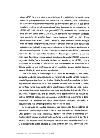 clone pBSIS114 o que elimina esta hipótese. A possibilidade de existência de
um clone que representasse uma mistura de dois clones foi, aliás, inviabilizada
ao fazer-se o re-isolamento de colónias do recombinante pBSIS114, que deram
resultado positivo na hibridação de colónias. Comparando as sequências de
IS1296 e IS1634, utilizando o programa BESTFIT, obteve-se uma similaridade
entre elas que variou entre 77,5% e 90,1% consoante os parâmetros utilizados
(gap weightllength weight) foram, respectivamente, 50/3 ou 10/1. Estes
alinhamentos não eram, contudo, perfeitos, visto existirem muitos espaços
entre as bases complementares, nunca se obtendo entre as duas sequências
mais de nove nucleótidos seguidos com bases complementares. Neste caso, a
hibridação do fraqrnento clonado com a sonda derivada de IS1296 poder-se-la
ter verificado se as condições de híbrldação fossem pouco estritas, o que não
foi o caso. Também a comparação da sequência da sonda COLH35, usada em
algumas hibridações e baseada também na sequência de IS1296, com a
sequência do elemento IS1634 revelou 73% de identidade do nucleótido 22 a
66 da sonda, o que confirma que só em condições pouco estritas poderia
ocorrer hibridação entre as duas sequências.
Por outro lado, a interpretação dos sinais de hibridação é, por vezes,
equívoca, podendo esta dificuldade ser minimizada usando sondas marcadas
com isótopos radioactivos. Um sinal de hibridação mais fraco poderia, contudo,
significar uma sequência de IS1296 truncada por uma cópia de IS1634, como
se verificou numa cópia desta última sequência de inserção na estirpe Afadé
que apresentou cópias incompletas das duas sequências de inserção (Vilei et
aI., 1999). A ocorrência, fora do comum, desta cópia adicional de IS1296 na
estirpe B676P/93 poderia ser explicada por um fenómeno semelhante, e daí a
dificuldade de selecção do clone recombinante desejado. Contudo, a
sequenciação veio também provar que não foi esse o caso.
A preparação de sondas baseadas nas sequências flanqueadoras do
elemento IS1634 do fragmento de 5,6 kb e a sua utilização em hibridações com
DNA genómico da estirpe B676P/93, digerido com Hindlll e transferido por
Southem blot, poderia eventualmente confirmar se este fragmento é ou não o
mesmo que se observa nas hibridações usando sondas baseadas no IS1294.
O esclarecimento desta situação poderia também ser feito, através de uma
Caracterização ele Lima Região Genómica 102
 