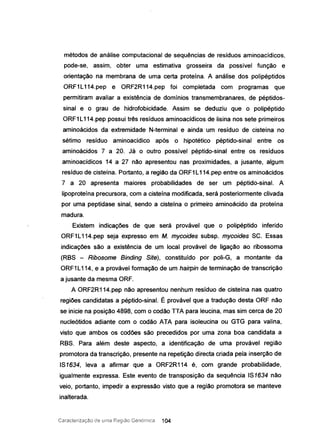 métodos de análise computacional de sequências de resíduos aminoacídicos,
pode-se, assim, obter uma estimativa grosseira da possível função e
orientação na membrana de uma certa proteína. A análise dos polipéptidos
ORF1L114.pep e ORF2R114.pep foi completada com programas que
permitiram avaliar a existência de domínios transmembranares, de péptidos-
sinal e o grau de hidrofobicidade. Assim se deduziu que o polipéptido
ORF1L114.pep possui três resíduos aminoacídicos de lisina nos sete primeiros
aminoácidos da extremidade N-terminal e ainda um resíduo de cisteína no
sétimo resíduo aminoacidico após o hipotético péptido-sinal entre os
aminoácidos 7 a 20. Já o outro possível péptido-sinal entre os resíduos
aminoacídicos 14 a 27 não apresentou nas proximidades, a jusante, algum
resíduo de cisteína. Portanto, a região da ORF1L114.pep entre os aminoácidos
7 a 20 apresenta maiores probabilidades de ser um péptido-sinal. A
lipoproteína precursora, com a cisteína modificada. será posteriormente clivada
por uma peptidase sinal, sendo a cistefna o primeiro aminoácido da proteína
madura.
Existem indicações de que será provável que o polipéptido inferido
ORF1L114.pep seja expresso em M. mycoides subsp. mycoides se. Essas
indicações são a existência de um local provável de ligação ao ribossoma
(RBS - Ribosome Binding Site), constituído por poli-G, a montante da
ORF1L114, e a provável formação de um hairpin de terminação de transcrição
a jusante da mesma ORF.
AORF2R114.pep não apresentou nenhum resíduo de cisteína nas quatro
regiões candidatas a péptido-sinal. É provável que a tradução desta ORF não
se inicie na posição 4898, com o codão TIA para leucina, mas sim cerca de 20
nucleótidos adiante com o codão ATA para isoleucina ou GTG para valina,
visto que ambos os codões são precedidos por uma zona boa candidata a
RBS. Para além deste aspecto, a identificação de uma provável região
promotora da transcrição, presente na repetição directa criada peJa inserção de
IS1634, leva a afirmar que a ORF2R114 é, com grande probabilidade,
igualmente expressa. Este evento de transposição da sequência IS1634 não
veio, portanto, impedir a expressão visto que a região promotora se manteve
inalterada.
Caracterização ele uma Região Genórnica 104
 