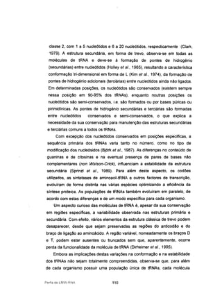classe 2, com 1 a 5 nucleótidos e 6 a 20 nucleótidos, respecticamente (Clark,
1979). A estrutura secundária, em forma de trevo, observa-se em todas as
moléculas de tRNA e deve-se à formação de pontes de hidrogénio
(secundárias) entre nucleótidos (Holley et ai., 1965), resultando a característica
conformação tri-dimensional em forma de L (Kim et ai., 1974), da formação de
pontes de hidrogénio adicionais (terciárias) entre nucleótidos ainda não ligados.
Em determinadas posições, os nucleótidos são conservados (existem sempre
nessa posição em 90-95% dos tRNAs), enquanto noutras posições os
nucleótidos são semi-conservados, i.e. são formados ou por bases púricas ou
pirimidlnicas. As pontes de hidrogénio secundárias e terciárias são formadas
entre nucleótidos conservados e semi-conservados, o que explica a
necessidade da sua conservação para manutenção das estruturas secundárias
e terciárias comuns a todos os tRNAs.
Com excepção dos nucleótidos conservados em posições específicas, a
sequência primária dos tRNAs varia tanto no número, como no tipo de
modificação dos nucleósidos (Bjork et ai., 1987). As diferenças no conteúdo de
guaninas e de citosinas e na eventual presença de pares de bases não
complementares (non Watson-Crick), influenciam a estabilidade da estrutura
secundária (Sprinzl et ai., 1989). Para além deste aspecto, os codões
utilizados, as sintetases de aminoacil-tRNA e outros factores de transcrição,
evoluíram de forma distinta nas várias espécies optimizando a eficiência da
síntese proteica. As populações de tRNAs também evoluíram em paralelo, de
acordo com estas diferenças e de um modo específico para cada organismo.
Um aspecto curioso das moléculas de tRNA é, apesar da sua conservação
em regiões específicas, a variabilidade observada nas estruturas primária e
secundária. Com efeito, vários elementos da estrutura clássica de trevo podem
desaparecer, desde que sejam preservadas as regiões do anticodão e do
braço de ligação ao aminoácido. A região variável, nomeadamente os braços O
e T, podem estar ausentes ou truncados sem que, aparentemente, ocorra
perda da funcionalidade da molécula de tRNA (Dirheimer et ai., 1995).
Embora as implicações destas variações na conformação e na estabilidade
dos tRNAs não sejam totalmente compreendidas, observa-se que, para além
de cada organismo possuir uma população única de tRNAs, cada molécula
Perfis de LMW-RNA 110
 