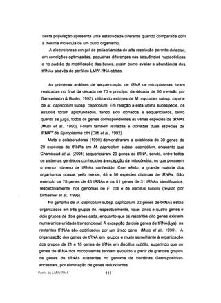 desta população apresenta uma estabilidade diferente quando comparada com
a mesma molécula de um outro organismo.
A electroforese em gel de poliacrilamida de alta resolução permite detectar,
em condições optimizadas, pequenas diferenças nas sequências nucleotídicas
e no padrão de modificação das bases, assim como avaliar a abundância dos
tRNAs através do perfil de LMW-RNA obtido.
As primeiras análises de sequenciação de tRNA de micoplasmas foram
realizadas no final da década de 70 e princípio da década de 80 (revisão por
Samuelsson & Borên, 1992), utilizando estirpes de M. mycoides subsp. capri e
de M. capricolum subsp. capricolum. Em relação a esta última subespécie, os
estudos foram aprofundados, tendo sido clonados e sequenciados, tanto
quanto se julga, todos os genes correspondentes às várias espécies de tRNAs
(Muto et aI., 1990). Foram também isoladas e clonadas duas espécies de
tRNAtrp de Spiroplasma citri (Citti et aI., 1992).
Muto e colaboradores (1990) demonstraram a existência de 30 genes de
29 espécies de tRNAs em M. capricolum subsp. capricolum, enquanto que
Chambaud et aI. (2001) sequenciaram 29 genes de tRNA, sendo, entre todos
os sistemas genéticos conhecidos à excepção da mitocõndria, os que possuem
o menor número de tRNAs conhecido. Com efeito, a grande maioria dos
organismos possui, pelo menos, 45 a 50 espécies distintas de tRNAs. São
exemplo os 78 genes de 45 tRNAs e os 51 genes de 31 tRNAs identificados,
respectivamente, nos genomas de E. coli e de Bacillus subtilis (revisto por
Dirheimer et aI., 1995).
No genoma de M. capricolum subsp. capricolum, 22 genes de tRNAs estão
organizados em três grupos de, respectivamente, nove, cinco e quatro genes e
dois grupos de dois genes cada, enquanto que os restantes oito genes existem
numa única unidade transcricional. À excepção de dois genes de tRNA(Lys), os
restantes tRNAs são codificados por um único gene (Muto et aI., 1990). A
organização dos genes de tRNA em grupos é muito semelhante à organização
dos grupos de 21 e 16 genes de tRNA em Bacillus subtilis, sugerindo que os
genes de tRNA dos micoplasmas tenham evoluído a partir de grandes grupos
de genes de tRNAs existentes no genoma de bactérias Gram-positivas
ancestrais, por eliminação de genes redundantes.
Perfis de LMW-RNA 111
 