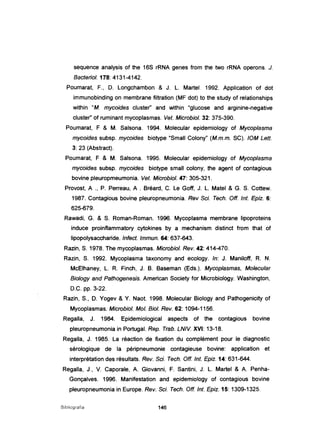 sequence analysis of the 16S rRNA genes from the two rRNA operons. J.
Bacteriol. 178: 4131-4142.
Poumarat, F., D. Longchambon & J. L. Marte/. 1992. Application of dot
immunobinding on membrane filtration (MF dot) to the study of relationships
within ..M. mycoides c1uster" and within "glucose and arginine-negative
c1uster" of ruminant mycoplasmas. Vet. Microbiol. 32: 375-390.
Poumarat, F & M. Salsona. 1994. Molecular epidemiology of Mycoplasma
mycoides subsp. mycoides biotype "Smal! Colony" (M.m.m. SC). 10M Lett.
3: 23 (Abstract).
Poumarat, F & M. Salsona. 1995. Molecular epidemiology of Mycoplasma
mycoides subsp. mycoides biotype smal! colony, the agent of contagious
bovine pleuropmeumonia. Vet. Microbiol. 47: 305-321.
Provost, A ., P. Perreau, A . Bréard, C. Le Goff, J. L. Matei & G. S. Cottew.
1987. Contagious bovine pleuropneumonia. Rev Sei. Tech. Off. Int. Epiz. 6:
625-679.
Rawadi, G. & S. Roman-Roman. 1996. Mycoplasma membrane lipoproteins
induce proinflammatory cytokines by a mechanism distinct from that of
lipopolysaccharide. Infect. Immun. 64: 637-643.
Razin, S. 1978. The mycoplasmas. Microbiol. Rev. 42: 414-470.
Razin, S. 1992. Mycoplasma taxonomy and ecology. ln: J. Maniloff, R. N.
McElhaney, L. R. Finch, J. B. Baseman (Eds.). Mycoplasmas, Molecular
Biology and Pathogenesis. American Society for Microbiology. Washington,
D.C. pp. 3-22.
Razin, S., D. Yogev & Y. Naot. 1998. Molecular Biology and Pathogenicity of
Mycoplasmas. Microbiol. MoI. Biol. Rev. 62: 1094-1156.
Regalia, J. 1984. Epidemiological aspects of the contagious bovine
pleuropneumonia in Portugal. Rep. Trab. LNIV. XVI: 13-18.
Regalia, J. 1985. La réaction de fixation du complément pour le diagnostic
sérologique de la péripneumonie contagieuse bovine: application et
interprétation des résultats. Rev. Sei. Tech. Off. Int. Epiz. 14: 631-644.
Regalia, J., V. Caporale, A. Giovanni, F. Santini, J. L. Martel & A. Penha-
Gonçalves. 1996. Manifestation and epidemiology of contagious bovine
pleuropneumonia in Europe. Rev. Sei. Tech. Oft. Int. Epiz. 15: 1309-1325.
Bibliografia 146
 