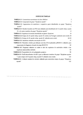 INDÍCE DE TABELAS
TABELA 1.1- Características taxonómicas da classe Mo//im/es 2
TABELA 1.2- Composição do grupo "A!Jlcop/as!ll11 fl~ycoide/' 5
TABELA 1.3- Lipoproteínas de membrana e respectivos genes identificados no grupo "il,;fy'YJp/asltla
~~" 7
TABELA 1.4- Métodos baseados em PCR mais utilizados para identificação de Nl. "~ywides subsp. ''!Jcoides
SC e de outros membros do gl1.1pO "A!y'YJplasffla mycoides" 12
TABELA 2.1- Sequências de inserção identificadas no género k[Y'YJp/asma 24
TABELA 2.2-Estirpes de M. mycoides subsp. mycoides se isoladas em Portugal e analisadas neste estudo. 28
TABELA 3.1- Estirpes de M.l'!Y'YJldes subsp, mycoides se utilizadas neste estudo 44/45
TABELA 3.2- Iniciadores utilizados em reacções de PCR 47
TABELA 4.1- Plasmídeos obtidos por delecção com Exo III do plasmídeo pBSIS114 e utilizados para
sequenciação do fragmento clonado da estirpe B676P/93 82
TABELA 4.2- Programas utilizados na análise ill silti:o das sequências de nucleótidos obtidas e das
sequências aminoacídicas inferídas 83
TABELA 4.3- Propriedades dos três polipéptidos purativos 98
TABELA 5.1- Perfil electroforético de tRN" para os diferentes membros do grupo "lv!y'YJp/asma mycoides
" e para estirpes de M. myaJides subsp, mY'YJit1es se utilizados neste estudo 123
TABELA 6.1- Avaliação sumária dos métodos utilizados para caracterizar estirpes do grupo "Mycop/osma
mycoides" 132
 