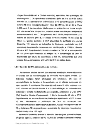 Qiagen Plasmid Midi Kit e Qiafilter (QIAGEN), este último para purificação por
cromatografia. O DNA plasmídico foi extraído a partir de 25 a 50 mi de cultura
em meio LB. As células foram sedimentadas a 4°C por centrifugação a 6000 9
durante 15 min e ressuspendidas em 4 mi de 50 mM Tris.HCI, pH 8,0 e RNase
A 100 !lg/ml. A lise das células foi efectuada por adição de 4 mi duma solução
200 mM de NaOH e 1% p/v SDS, inversão suave e incubação à temperatura
ambiente durante 5 mino O DNA genómico de E. coli foi precipitado com 3,0 M
acetato de potássio, pH 5,5, e o Iisado incubado durante 10 min antes de
filtrado no Qiafilter Cartridge. O DNA plasmídico foi purificado em colunas
Qiagen-tip 100, segundo as indicações do fabricante, precipitado com 0,7
volumes de isopropanol e recuperado por centrifugação a 12 000 9 durante
30 min a 4°C. O sedimento foi lavado com etanol a 70% v/v e ressuspendido
em 100 ul de água bidestilada ou tampão TE. A concentração de DNA foi
determinada por leitura da absorvência a 260 nm, considerando que uma
unidade de A260 corresponde a 50 !lg/ml de DNA em cadeia dupla.
4.2.5- Digestão de DNA com enzimas de restrição
As hidrólises simples de DNA com enzimas de restrição foram efectuadas
de acordo com as recomendações do fabricante New England Biolabs. As
hidrólises múltiplas foram efectuadas em simultâneo, em caso de
compatibilidade de tampões e temperaturas, ou em etapas sucessivas em
caso contrário. A hidrólise de DNA plasmídico (2 !lg em 10 ul) foi realizada com
5-10 unidades de Hindlll durante 1 h. A desfosforilação do plasmídeo nos
extremos 5' foi feita imediatamente após digestão, adicionando 2 !lI de CIAP
(Calf Intestine Alkaline Phosphatase) - 1 U/!ll e incubando 45 min a 37°C.
Seguidamente, as enzimas foram inactivadas por aquecimento a 75°C durante
10 mino Procedeu-se à purificação do DNA por extracção com
fenol/clorofórmio/álcool isoamílico (Ausubel et aI., 1990) e ressuspendeu-se em
10 ul de tampão TE. A concentração aproximada de plasrnideo linearizado e
desfosforilado foi de 100 ng/!ll.
Quando se pretendeu analisar o resultado das reacções, por electroforese
em gel de agarose, adicionou-se 0,2 volumes de tampão da amostra contendo
Caracterização de uma Região Genórnica 72
 