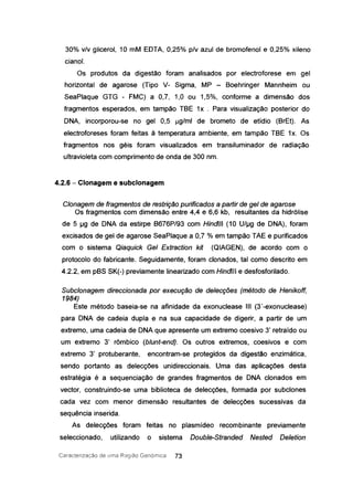 30% vlv glicerol, 10 mM EDTA, 0,25% p/v azul de bromofenol e 0,25% xileno
cianol.
Os produtos da digestão foram analisados por electroforese em gel
horizontal de agarose (Tipo V- Sigma, MP - Boehringer Mannheim ou
SeaPlaque GTG - FMC) a 0,7, 1,0 ou 1,5%, conforme a dimensão dos
fragmentos esperados, em tampão TBE 1x . Para visualização posterior do
DNA, incorporou-se no gel 0,5 ~g/ml de brometo de etídio (BrEt). As
electroforeses foram feitas à temperatura ambiente, em tampão TBE 1x. Os
fragmentos nos géis foram visualizados em transiluminador de radiação
ultravioleta com comprimento de onda de 300 nm.
4.2.6 - Clonagem e subclonagem
Clonagem de fragmentos de restrição purificados a partir de gel de agarose
Os fragmentos com dimensão entre 4,4 e 6,6 kb, resultantes da hidrólise
de 5 IJg de DNA da estirpe B676P/93 com HindUI (10 U/lJg de DNA), foram
excisados de gel de agarose SeaPlaque a 0,7 % em tampão TAE e purificados
com o sistema Qiaquick Gel Extraction kit (QIAGEN), de acordo com o
protocolo do fabricante. Seguidamente, foram clonados, tal como descrito em
4.2.2, em pBS SK(-) previamente linearizado com Hindlll e desfosforilado.
Subclonagem direccionada por execução de delecções (método de Henikoff,
1984)
Este método baseia-se na afinidade da exonuclease III (3'-exonuclease)
para DNA de cadeia dupla e na sua capacidade de digerir, a partir de um
extremo, uma cadeia de DNA que apresente um extremo coesivo 3' retraído ou
um extremo 3' rômbico (blunt-end). Os outros extremos, coesivos e com
extremo 3' protuberante, encontram-se protegidos da digestão enzimática,
sendo portanto as delecções unidireccionais. Uma das aplicações desta
estratégia é a sequenciação de grandes fragmentos de DNA clonados em
vector, construindo-se uma biblioteca de delecções, formada por subclones
cada vez com menor dimensão resultantes de delecções sucessivas da
sequência inserida.
As delecções foram feitas no plasmídeo recombinante previamente
seleccionado, utilizando o sistema Double-Stranded Nested Deletion
Caracterizacão ele lima Região Genórnica 73
 