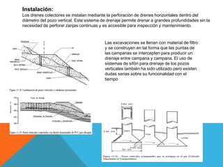 Instalación:
Los drenes colectores se instalan mediante la perforación de drenes horizontales dentro del
diámetro del pozo vertical. Este sistema de drenaje permite drenar a grandes profundidades sin la
necesidad de perforar zanjas continuas y es accesible para inspección y mantenimiento.
Las excavaciones se llenan con material de filtro
y se construyen en tal forma que las puntas de
las campanas se intercepten para producir un
drenaje entre campana y campana. El uso de
sistemas de sifón para drenaje de los pozos
verticales también ha sido utilizado pero existen
dudas serias sobre su funcionalidad con el
tiempo
 