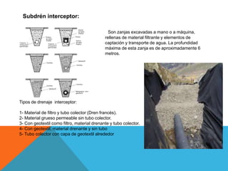 Subdrén interceptor:
Son zanjas excavadas a mano o a máquina,
rellenas de material filtrante y elementos de
captación y transporte de agua. La profundidad
máxima de esta zanja es de aproximadamente 6
metros.
Tipos de drenaje interceptor:
1- Material de filtro y tubo colector (Dren francés).
2- Material grueso permeable sin tubo colector.
3- Con geotextil como filtro, material drenante y tubo colector.
4- Con geotextil, material drenante y sin tubo
5- Tubo colector con capa de geotextil alrededor
 