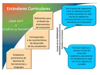 Estándares Curriculares                                                               Son el punto de congruencia
                                                                                          entre los diferentes grados
                                                                                         y niveles educativos en cada
                                                                                            una de las asignaturas
                               Referentes para                                          correspondientes a los campos
    ¿Qué son?                    el diseño de                                             formativos de la Educación
          y                     instrumentos                                                         Básica




                                                 ESPERADOS para la consecución de los
                                de evaluación
¿Cuál es su función?




                                                     Función de los APRENDIZAJES

                                                       Estándares Curriculares
                          Corresponden
                       a las características
                           de desarrollo
                        de los estudiantes
                                                                                                Permiten observar y
                                                                                                 conocer el nivel de
                                                                                                     desarrollo
        Establecen                                                                           académico y personal de
      parámetros de                                                                           los estudiantes en cada
       dominio de                                                                              una de las asignaturas
      herramientas y                                                                                  cursadas
         lenguajes
 