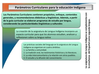 Parámetros Curriculares para la educación indígena

Los Parámetros Curriculares contienen propósitos, enfoque, contenidos
generales, y recomendaciones didácticas y lingüísticas. Además, a partir
de la guía curricular se elaboran programas de estudio por lengua,
considerando las particularidades lingüísticas y culturales


            La creación de la asignatura de Lengua Indígena incorpora un
            espacio curricular para que los alumnos estudien, analicen y
            reflexionen sobre su lengua nativa

                   Las prácticas sociales del lenguaje en la asignatura de Lengua
                   Indígena se organizan en cuatro ámbitos:
                   1. La familia y comunidad.
                   2. La tradición oral, los testimonios históricos y la literatura.
                   3. La vida intercomunitaria y la relación con otros pueblos.
                   4. El estudio y la difusión del conocimiento
 