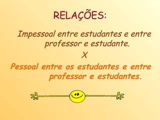RELAÇÕES: Impessoal entre estudantes e entre professor e estudante. X Pessoal entre os estudantes e entre professor e estudantes.