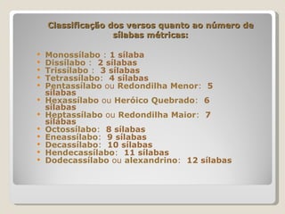 Classificação dos versos quanto ao número de sílabas métricas: Monossílabo  :  1   sílaba  Dissílabo  :  2   sílabas  Trissílabo  :  3   sílabas  Tetrassílabo :  4   sílabas  Pentassílabo  ou  Redondilha   Menor :  5   sílabas  Hexassílabo  ou  Heróico   Quebrado :  6 sílabas  Heptassílabo  ou  Redondilha   Maior :  7 sílabas  Octossílabo :  8 sílabas  Eneassílabo :  9   sílabas  Decassílabo :  10   sílabas  Hendecassílabo :  11   sílabas  Dodecassílabo  ou  alexandrino :  12 sílabas  