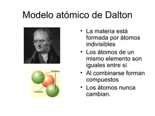 Modelo atómico de Dalton
            • La materia está
              formada por átomos
              indivisibles
            • Los átomos de un
              mismo elemento son
              iguales entre sí
            • Al combinarse forman
              compuestos
            • Los átomos nunca
              cambian.
 