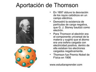 Aportación de Thomson
           •   En 1897 obtuvo la desviación
               de los rayos catódicos en un
               campo eléctrico.
           •   Demostró la existencia de
               partículas de carga negativa,
               que G. J. Stoney bautizó como
               electrón.
           •   Para Thomson el electrón era
               el componente universal de la
               materia y sugirió que el átomo
               era una esfera cargada con
               electricidad positiva, dentro de
               ella estaban los electrones
               cargados negativamente.
           •   Thomson fue Premio Nobel de
               Física en 1906

           www.estudiaraprender.com
 