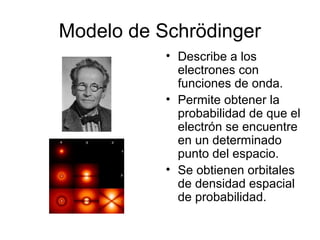 Modelo de Schrödinger
           • Describe a los
             electrones con
             funciones de onda.
           • Permite obtener la
             probabilidad de que el
             electrón se encuentre
             en un determinado
             punto del espacio.
           • Se obtienen orbitales
             de densidad espacial
             de probabilidad.
 