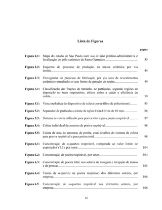 xi
Lista de Figuras
página
Figura 2.1: Mapa do estado de São Paulo com sua divisão político-administrativa e
localização do pólo cerâmico de Santa Gertrudes......................................... 35
Figura 2.2: Esquema do processo de produção da massa cerâmica por via
úmida............................................................................................................. 44
Figura 2.3: Fluxograma do processo de fabricação por via seca de revestimentos
cerâmicos esmaltados e suas fontes de geração de poeira............................. 49
Figura 3.1: Classificação das frações de tamanho de partículas, segundo regiões de
deposição no trato respiratório, efeitos sobre a saúde e eficiência de
coleta............................................................................................................. 59
Figura 5.1: Vista explodida do dispositivo de coleta (porta-filtro de poliestireno)......... 85
Figura 5.2: Separador de partículas ciclone de nylon Dorr-Oliver de 10 mm................. 86
Figura 5.3: Sistema de coleta utilizado para poeira total e para poeira respirável........... 87
Figura 5.4: Coleta individual de amostra de poeira respirável........................................ 88
Figura 5.5: Coleta de área de amostras de poeira, com detalhes do sistema de coleta
para poeira respirável e para poeira total....................................................... 88
Figura 6.1: Concentração de α-quartzo respirável, comparada ao valor limite de
exposição (VLE), por setor........................................................................... 104
Figura 6.2: Concentração de poeira respirável, por setor................................................ 104
Figura 6.3: Concentração de poeira total, nos setores de moagem e recepção de massa
e de prensas.................................................................................................... 105
Figura 6.4: Teores de α-quartzo na poeira respirável dos diferentes setores, por
empresa.......................................................................................................... 106
Figura 6.5 Concentração de α-quartzo respirável nos diferentes setores, por
empresa.......................................................................................................... 106
 