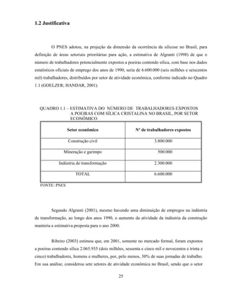 25
1.2 Justificativa
O PNES adotou, na projeção da dimensão da ocorrência da silicose no Brasil, para
definição de áreas setoriais prioritárias para ação, a estimativa de Algranti (1998) de que o
número de trabalhadores potencialmente expostos a poeiras contendo sílica, com base nos dados
estatísticos oficiais de emprego dos anos de 1990, seria de 6.600.000 (seis milhões e seiscentos
mil) trabalhadores, distribuídos por setor de atividade econômica, conforme indicado no Quadro
1.1 (GOELZER; HANDAR, 2001).
QUADRO 1.1 – ESTIMATIVA DO NÚMERO DE TRABALHADORES EXPOSTOS
A POEIRAS COM SÍLICA CRISTALINA NO BRASIL, POR SETOR
ECONÔMICO
Setor econômico Nº de trabalhadores expostos
Construção civil 3.800.000
Mineração e garimpo 500.000
Indústria de transformação 2.300.000
TOTAL 6.600.000
FONTE: PNES
Segundo Algranti (2001), mesmo havendo uma diminuição de empregos na indústria
de transformação, ao longo dos anos 1990, o aumento da atividade da indústria da construção
manteria a estimativa proposta para o ano 2000.
Ribeiro (2003) estimou que, em 2001, somente no mercado formal, foram expostos
a poeiras contendo sílica 2.065.935 (dois milhões, sessenta e cinco mil e novecentos e trinta e
cinco) trabalhadores, homens e mulheres, por, pelo menos, 30% de suas jornadas de trabalho.
Em sua análise, considerou sete setores de atividade econômica no Brasil, sendo que o setor
 