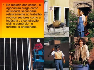 Na maioria dos casos , a agricultura surge como actividade secundária relativamente ao trabalho noutros sectores como a indústria , a construção civil, o comércio , o turismo, o artesanato. 