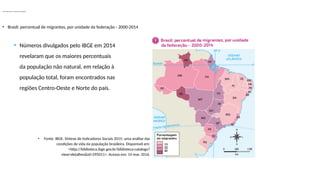 Fluxos migratórios e estrutura da população
• Brasil: percentual de migrantes, por unidade da federação - 2000-2014
• Fonte: IBGE. Síntese de Indicadores Sociais 2015: uma análise das
condições de vida da população brasileira. Disponível em:
<http://biblioteca.ibge.gov.br/biblioteca-catalogo?
view=detalhes&id=295011>. Acesso em: 14 mar. 2016.
• Números divulgados pelo IBGE em 2014
revelaram que os maiores percentuais
da população não natural, em relação à
população total, foram encontrados nas
regiões Centro-Oeste e Norte do país.
 