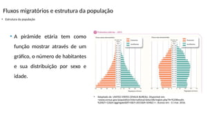 Fluxos migratórios e estrutura da população
• Estrutura da população
• Adaptado de: UNITED STATES CENSUS BUREAU. Disponível em:
<www.census.gov/population/international/data/idb/region.php?N=%20Results
%20&T=12&A=aggregate&RT=0&Y=2015&R=104&C=>. Acesso em : 11 mar. 2016.
• A pirâmide etária tem como
função mostrar através de um
gráfico, o número de habitantes
e sua distribuição por sexo e
idade.
 