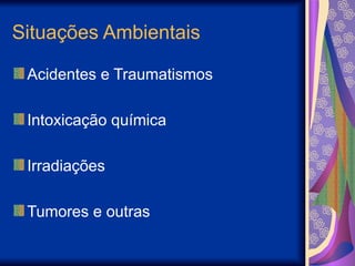 Situações Ambientais
Acidentes e Traumatismos
Intoxicação química
Irradiações
Tumores e outras
 