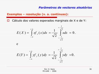 Parâmetros de vectores aleatórios

Exemplos – resolução (v. a. contínuas):

   Cálculo dos valores esperados marginais de X e de Y:
                                              1
                                          +
                +∞                             2
                                  1
      E ( X ) = ∫ xf x ( x ) dx =             ∫ xdx   = 0.
                −∞                 2          1
                                          −
                                               2

      e
                                              1
                                          +
               +∞                              2
                                 1
      E (Y ) = ∫ yf y ( y ) dy =              ∫ ydy   =0.
               −∞                 2           1
                                          −
                                               2


                           Por: E. Seno                      30
                         FE-UAN - 2006
 