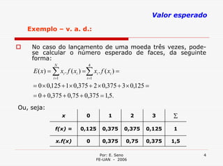 Valor esperado

   Exemplo – v. a. d.:

    No caso do lançamento de uma moeda três vezes, pode-
    se calcular o número esperado de faces, da seguinte
    forma:
               N                4
     E ( x) = ∑ xi . f ( xi ) =∑ xi . f ( xi ) =
              i =1             i =1

     = 0 × 0,125 + 1× 0,375 + 2 × 0,375 + 3 × 0,125 =
     = 0 + 0,375 + 0,75 + 0,375 = 1,5.
Ou, seja:
                     x         0           1           2    3      ∑

               f(x) =       0,125       0,375      0,375   0,125   1

                x.f(x)         0        0,375      0,75    0,375   1,5

                                        Por: E. Seno                     4
                                      FE-UAN - 2006
 