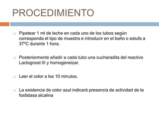 PROCEDIMIENTO
   Pipetear 1 ml de leche en cada uno de los tubos según
    corresponda el tipo de muestra e introducir en el baño o estufa a
    37ºC durante 1 hora.


   Posteriormente añadir a cada tubo una cucharadita del reactivo
    Lactognost III y homogeneizar.


   Leer el color a los 10 minutos.


   La existencia de color azul indicará presencia de actividad de la
    fosfatasa alcalina
 
