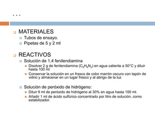 …
   MATERIALES
       Tubos de ensayo.
       Pipetas de 5 y 2 ml

   REACTIVOS
       Solución de 1,4 fenilendiamina
           Disolver 2 g de fenilendiamina (C6H8N2) en agua caliente a 50°C y diluir
            hasta 100 ml
           Conservar la solución en un frasco de color marrón oscuro con tapón de
            vidrio y almacenar en un lugar fresco y al abrigo de la luz

       Solución de peróxido de hidrógeno:
           Diluir 9 ml de peróxido de hidrógeno al 30% en agua hasta 100 ml.
           Añadir 1 ml de ácido sulfúrico concentrado por litro de solución, como
            estabilizador.
 