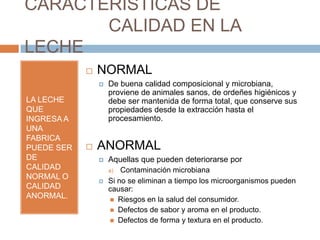 CARACTERISTICAS DE
       CALIDAD EN LA
LECHE
               NORMAL
                   De buena calidad composicional y microbiana,
                    proviene de animales sanos, de ordeñes higiénicos y
LA LECHE            debe ser mantenida de forma total, que conserve sus
QUE                 propiedades desde la extracción hasta el
INGRESA A           procesamiento.
UNA
FABRICA
PUEDE SER      ANORMAL
DE                 Aquellas que pueden deteriorarse por
CALIDAD             a)  Contaminación microbiana
NORMAL O
                   Si no se eliminan a tiempo los microorganismos pueden
CALIDAD             causar:
ANORMAL.             Riesgos en la salud del consumidor.
                     Defectos de sabor y aroma en el producto.
                     Defectos de forma y textura en el producto.
 