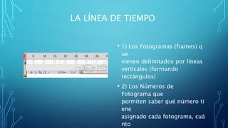LA LÍNEA DE TIEMPO
• 1) Los Fotogramas (frames) q
ue
vienen delimitados por líneas
verticales (formando
rectángulos)
• 2) Los Números de
Fotograma que
permiten saber qué número ti
ene
asignado cada fotograma, cuá
nto
 