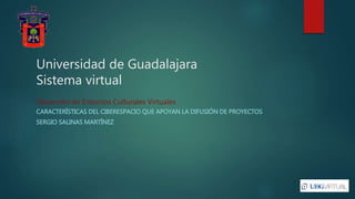 Universidad de Guadalajara
Sistema virtual
CARACTERÍSTICAS DEL CIBERESPACIO QUE APOYAN LA DIFUSIÓN DE PROYECTOS
SERGIO SALINAS MARTÍNEZ
Desarrollo de Entornos Culturales Virtuales
 