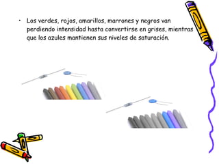 Los verdes, rojos, amarillos, marrones y negros van perdiendo intensidad hasta convertirse en grises, mientras que los azules mantienen sus niveles de saturación. 