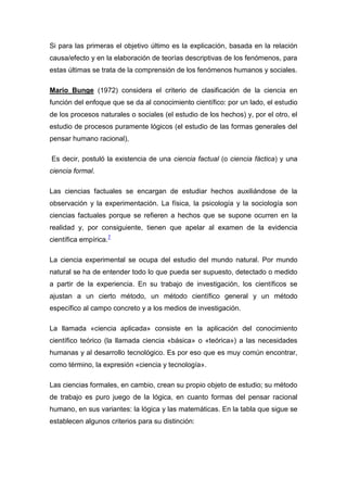 Si para las primeras el objetivo último es la explicación, basada en la relación
causa/efecto y en la elaboración de teorías descriptivas de los fenómenos, para
estas últimas se trata de la comprensión de los fenómenos humanos y sociales.

Mario Bunge (1972) considera el criterio de clasificación de la ciencia en
función del enfoque que se da al conocimiento científico: por un lado, el estudio
de los procesos naturales o sociales (el estudio de los hechos) y, por el otro, el
estudio de procesos puramente lógicos (el estudio de las formas generales del
pensar humano racional),

Es decir, postuló la existencia de una ciencia factual (o ciencia fáctica) y una
ciencia formal.

Las ciencias factuales se encargan de estudiar hechos auxiliándose de la
observación y la experimentación. La física, la psicología y la sociología son
ciencias factuales porque se refieren a hechos que se supone ocurren en la
realidad y, por consiguiente, tienen que apelar al examen de la evidencia
científica empírica.7

La ciencia experimental se ocupa del estudio del mundo natural. Por mundo
natural se ha de entender todo lo que pueda ser supuesto, detectado o medido
a partir de la experiencia. En su trabajo de investigación, los científicos se
ajustan a un cierto método, un método científico general y un método
específico al campo concreto y a los medios de investigación.

La llamada «ciencia aplicada» consiste en la aplicación del conocimiento
científico teórico (la llamada ciencia «básica» o «teórica») a las necesidades
humanas y al desarrollo tecnológico. Es por eso que es muy común encontrar,
como término, la expresión «ciencia y tecnología».

Las ciencias formales, en cambio, crean su propio objeto de estudio; su método
de trabajo es puro juego de la lógica, en cuanto formas del pensar racional
humano, en sus variantes: la lógica y las matemáticas. En la tabla que sigue se
establecen algunos criterios para su distinción:
 