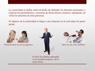La asertividad se define como el hecho de defender los derechos personales y
expresar los pensamientos y creencias de form...