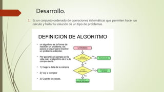 Desarrollo.
1. Es un conjunto ordenado de operaciones sistemáticas que permiten hacer un
calculo y hallar la solución de un tipo de problemas.
 