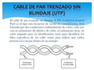 El cable de par trenzado sin blindaje (UTP, Unshieled Twisted
Pair) es el tipo más frecuente de medio de comunicación. Está
formado por dos conductores, habitualmente de cobre, cada uno
con su aislamiento de plástico de color, el aislamiento tiene un
color asignado para su identificación, tanto para identificar los
hilos específicos de un cable como para indicar qué cables
pertenecen a un par dentro de un manojo.
 