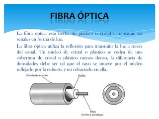 La fibra óptica está hecha de plástico o cristal y transmite las
señales en forma de luz.
La fibra óptica utiliza la reflexión para transmitir la luz a través
del canal. Un núcleo de cristal o plástico se rodea de una
cobertura de cristal o plástico menos denso, la diferencia de
densidades debe ser tal que el rayo se mueve por el núcleo
reflejado por la cubierta y no refractado en ella.
 