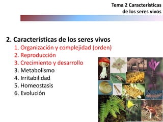 2. Características de los seres vivos
1. Organización y complejidad (orden)
2. Reproducción
3. Crecimiento y desarrollo
3. Metabolismo
4. Irritabilidad
5. Homeostasis
6. Evolución
Tema 2 Características
de los seres vivos
 