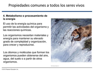 4. Metabolismo o procesamiento de
la energía
El uso de la energía química para
permitir las actividades del organismo y
las reacciones químicas.
© 2012 Pearson Education, Inc.
Propiedades comunes a todos los seres vivos
Los organismos necesitan materiales y
energía para mantener su elevado
grado de complejidad y organización,
para crecer y reproducirse.
Los átomos y moléculas que forman los
organismos pueden obtenerse del aire,
agua, del suelo o a partir de otros
organismos.
 