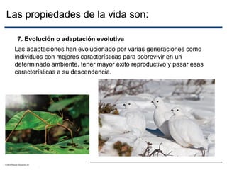 Las propiedades de la vida son:
7. Evolución o adaptación evolutiva
© 2012 Pearson Education, Inc.
Las adaptaciones han evolucionado por varias generaciones como
individuos con mejores características para sobrevivir en un
determinado ambiente, tener mayor éxito reproductivo y pasar esas
características a su descendencia.
 