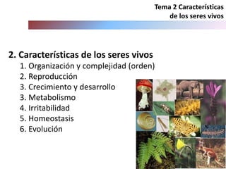 2. Características de los seres vivos
1. Organización y complejidad (orden)
2. Reproducción
3. Crecimiento y desarrollo
3. Metabolismo
4. Irritabilidad
5. Homeostasis
6. Evolución
Tema 2 Características
de los seres vivos
 