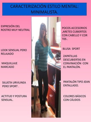CARACTERIZACIÓN ESTILO MENTAL:
              MINIMALISTA.

EXPRESIÓN DEL
                            POCOS ACCESORIOS
ROSTRO MUY NEUTRAL
                            ,ARETES CUBIERTOS
                            CON CABELLO Y COR
                            T0S .


LOOK SENSUAL PERO           BLUSA SPORT
RELAJADO
                             ZAPATILLAS
                             DESCUBIERTAS EN
MAQUILLAJE                   CONVINACIÓN CON
MARCADO                      EL PANTALÓN.




SILUETA URVILINEA            PANTALÓN TIPO JEAN
PERO SPORT .                 ENTALLADO.


ACTITUD Y POSTURA            COLORES BÁSICOS
SENSUAL.                     CON CÁLIDOS
 
