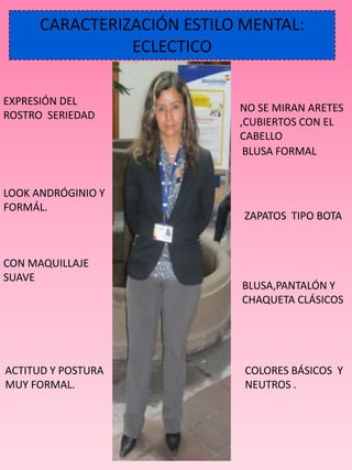 CARACTERIZACIÓN ESTILO MENTAL:
                ECLECTICO

EXPRESIÓN DEL
                            NO SE MIRAN ARETES
ROSTRO SERIEDAD
                            ,CUBIERTOS CON EL
                            CABELLO
                             BLUSA FORMAL


LOOK ANDRÓGINIO Y
FORMÁL.
                             ZAPATOS TIPO BOTA



CON MAQUILLAJE
SUAVE
                            BLUSA,PANTALÓN Y
                            CHAQUETA CLÁSICOS




ACTITUD Y POSTURA            COLORES BÁSICOS Y
MUY FORMAL.                  NEUTROS .
 
