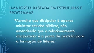UMA IGREJA BASEADA EM ESTRUTURAS E
PROGRAMAS
•Acredita que discipular é apenas
ministrar estudos bíblicos, não
entendendo que o relacionamento
discipulador é o ponto de partida para
a formação de líderes.
 