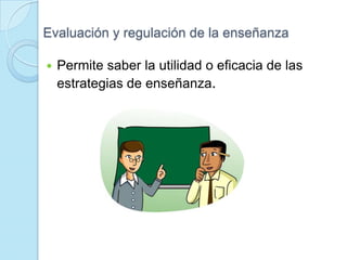 Evaluación y regulación de la enseñanza
 Permite saber la utilidad o eficacia de las
estrategias de enseñanza.
 