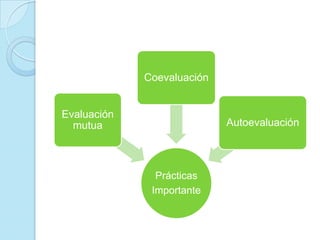 Prácticas
Importante
Evaluación
mutua
Coevaluación
Autoevaluación
 