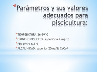 *
*TEMPERATURA:26-29°C
*OXIGENO DISUELTO: superior a 4 mg/lt
*PH: entre 6.5-9
*ALCALINIDAD: superior 20mg/lt CaCo³
 