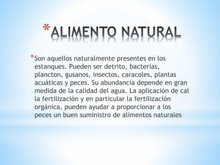*
*Son aquellos naturalmente presentes en los
estanques. Pueden ser detrito, bacterias,
plancton, gusanos, insectos, caracoles, plantas
acuáticas y peces. Su abundancia depende en gran
medida de la calidad del agua. La aplicación de cal
la fertilización y en particular la fertilización
orgánica, pueden ayudar a proporcionar a los
peces un buen suministro de alimentos naturales
 