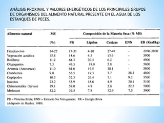 ANÁLISIS PROXIMAL Y VALORES ENERGÉTICOS DE LOS PRINCIPALES GRUPOS
DE ORGANISMOS DEL ALIMENTO NATURAL PRESENTE EN EL AGUA DE LOS
ESTANQUES DE PECES.
 
