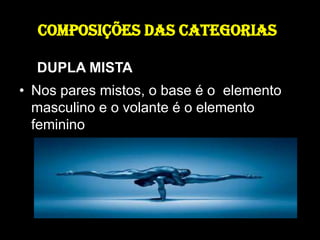 COMPOSIÇÕES DAS CATEGORIASDUPLA MISTA Nos pares mistos, o base é o  elemento masculino e o volante é o elemento feminino